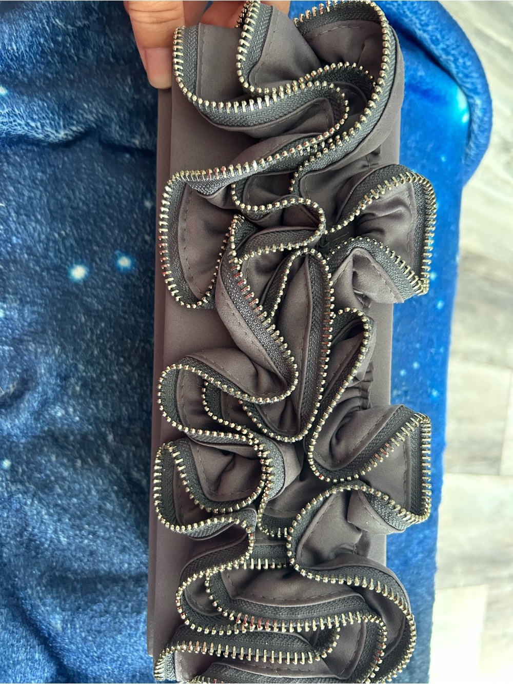 4/$100 Simon Chang Gray Ruffle Zip-Trim Clutch
